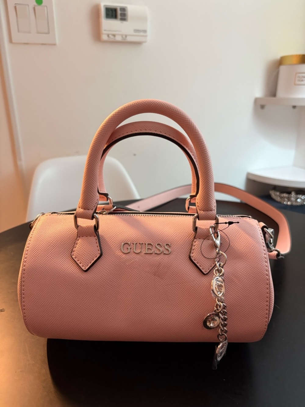 GUESS Pink Saffiano Barrel Satchel with Charm Detail